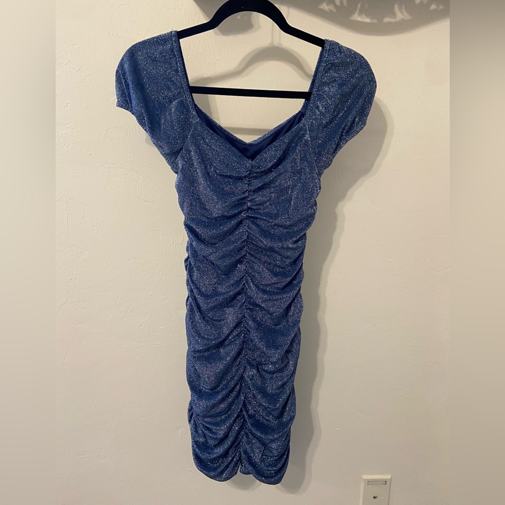 Metallic Blue Ruched Dress